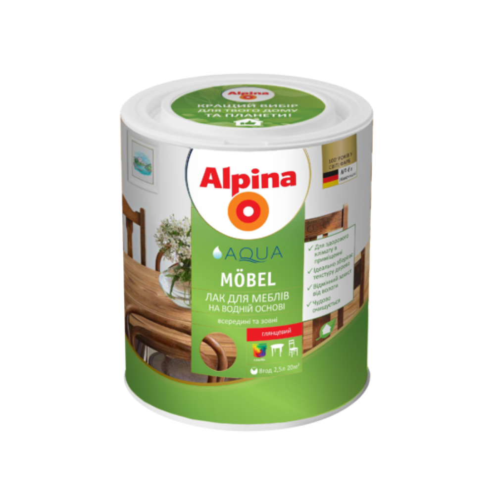Акриловий безбарвний лак для дерева Alpina Aqua Mobel SM 2.5 л (шовковисто-матовий)